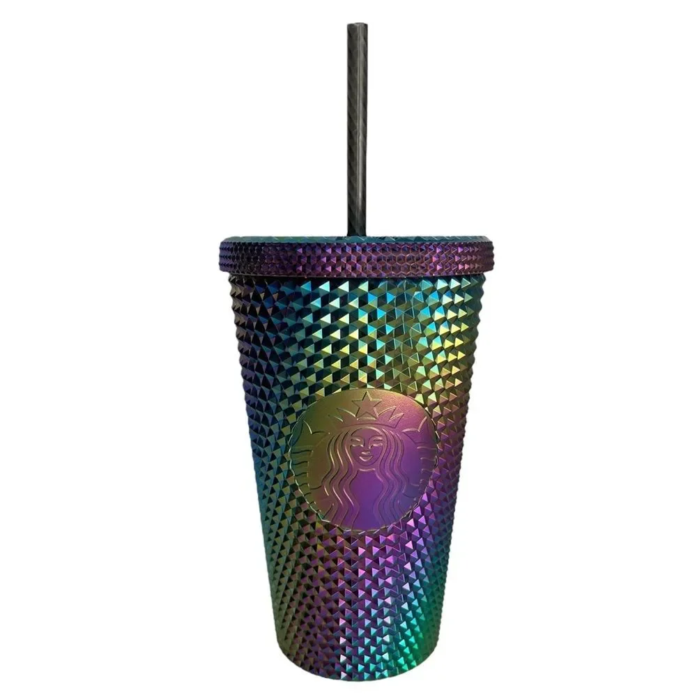 NWT Starbucks OIL SLICK Cold Cup Grande BLACK BLING Tumbler Rainbow Studded 2023
